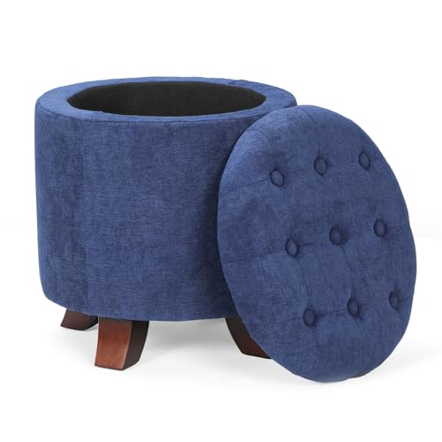 Athena Collection 15 Inch Small Ottoman with Storage, Round Linen Fabric Storage Ottoman Foot Rest with Removable Lid, Multipurpose Footstool Footrest for Living Room, Bedroom, Dorm, Blue - color: Blue, size: 15.5"D x 15.5"W x 17"H