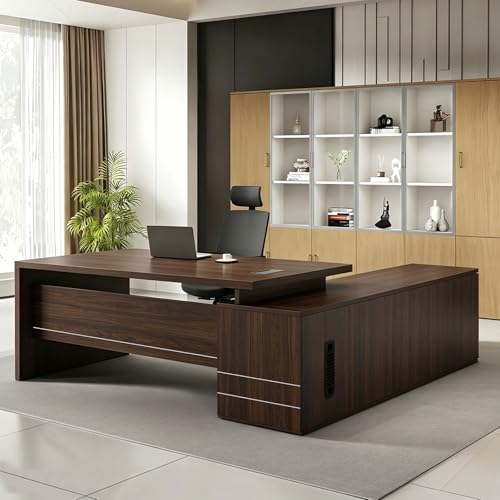 L-shaped Executive Office Desk, Executive Desk With Drawers Side Cabinet And Cable Grommet, Modern Large Computer Workstation, 1'' Thick Wood Tabletop For Home Office Desk,large Storage Desk For Boss - color: Walnut-left, size: 55.1" L×23.6" W×29.5" H