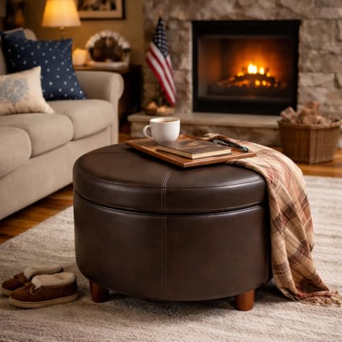 HomePop 24" Round Leatherette Storage Ottoman - Chocolate Brown - color: Brown Faux Leather