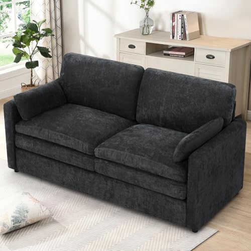 69" Chenille Modern Couch with Cozy & Soft Backrests, Black | 3 Seats Sofa with 2 Extra Pillows, Comfy Upholstered Sofa with Thicker Cushions for Living Room, Office - color: Black, size: Loveseat