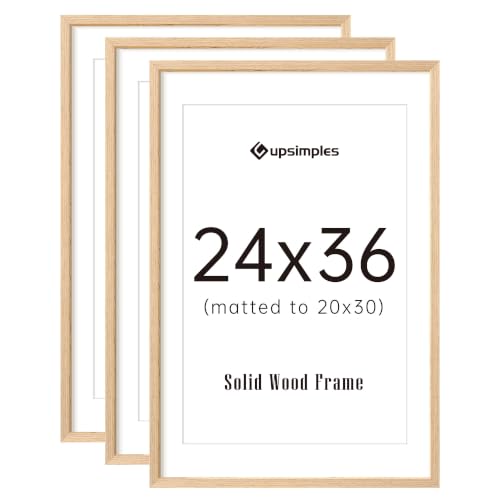 upsimples 24x36 Picture Frame Solid Wooden, Nursery Wall Frames Set of 3 | 100% Natural Solid Wood, Fit 20x30 with Mat and 24 x 36 Posters, For Kids Room, Gallery Wall Décor - size: 24X36