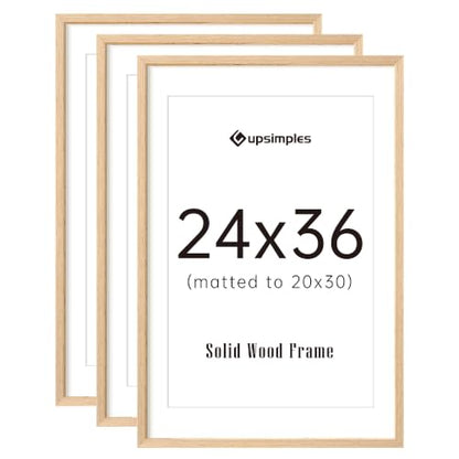 upsimples 24x36 Picture Frame Solid Wooden, Nursery Wall Frames Set of 3 | 100% Natural Solid Wood, Fit 20x30 with Mat and 24 x 36 Posters, For Kids Room, Gallery Wall Décor - size: 24X36