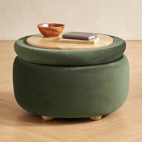 mopio Luna Round Ottoman with Storage and Tray, Round Coffee Table with Storage, Upholstered Foot Stools Ottoman for Living Room, Bedroom, with Solid Rubberwood Legs (Olive Green Premium Velvet) - color: Green Velvet, Round