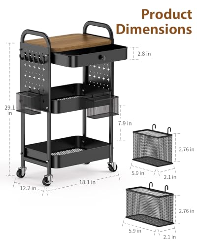ALVOROG 3 Tier Metal Rolling Cart with Drawer,Wood Top,Pegboards,Black | Storage Utility Cart with Drawers,Pegboards,Lockable Wheels,Baskets,Hooks for Kitchen,Office,Bedroom,DIY Supplies - color: Black