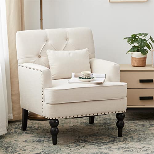 HUIMO Accent Chair, Tufted Upholstered Club Chair, Beige | Upholstered Fabric Armchairs, Button Tufted Reading Chairs for Living Room, Bedroom - color: Beige