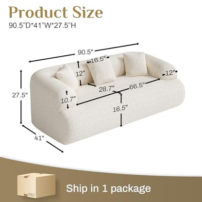 91" Modern Curved Couch,3 Seater Boneless Sofa & Deep Seat,Beige White | Cute Curve Sofa with Soft Chenille,High Foam and Oversized Deep for Modern Living Rooms, Bedrooms ,Apartments,No Assembly - color: Beige, size: 91''