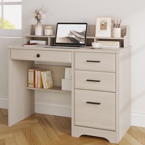 Small Desk with 4 Drawers, Computer Desk with File Drawer and Monitor Stand | Home Office Desk with Shelves for Bedroom, Writing Desk, Study Desk with Storage for Small Spaces, Milky White - color: Milky White