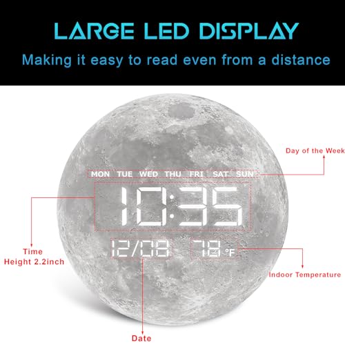 Digital Wall Clock, LED Moon/Earth Design, Temperature Display, 7.87 x 7.87 inches (Moon, 12.59 INCH) - color: Moon, size: 12.59 INCH