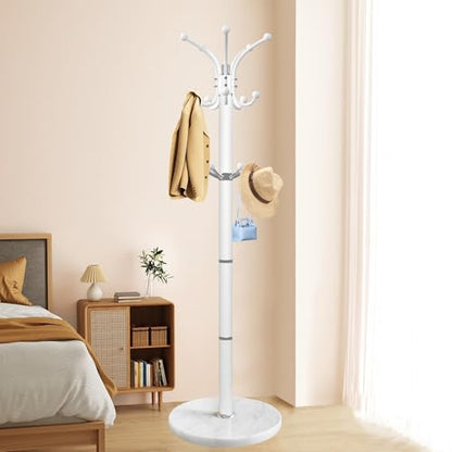 OIRUMIE Coat Rack,360°Rotary Coat Rack Stand,Coat Tree Stand for Entryway | Metal Coat Rack Freestanding with Natural Marble Base & 14 Hooks,White Modern Coat Stand, Clothes Hall Tree Stand for Hallway - color: White-14 Hooks