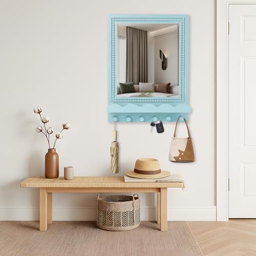 Tirzah 16x12 Inch Wall Mount Beaded Wood Framed Mirror with Shelf and 6 Hooks, Blue Decorative Entryway Mirror with Storage for Laundry Room, Bathroom, Bedroom - color: Light Blue
