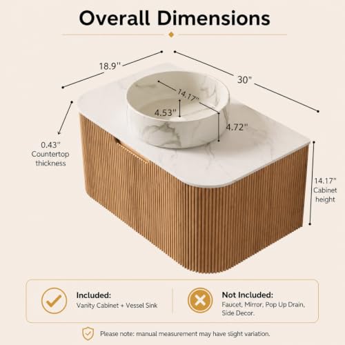 30" Floating Bathroom Vanity with Sink, Wall Mounted Plywood Cabinet, Natural Wood Grain Fluted Front, Sintered Stone Countertop, White Marble-Look Ceramic Vessel Sink, Soft-Close Drawer - color: Natural Oak Cabinet / White Marble Sink, size: 30 Inch