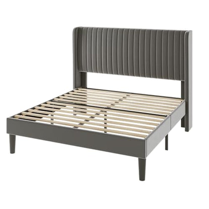 Allewie Full Size Velvet Bed Frame/Vertical Channel Tufted Wingback Headboard/Upholstered Platform Bed/Strong Wooden Slats/No Box Spring Needed/Easy Assembly/Grey - color: Grey, size: Full