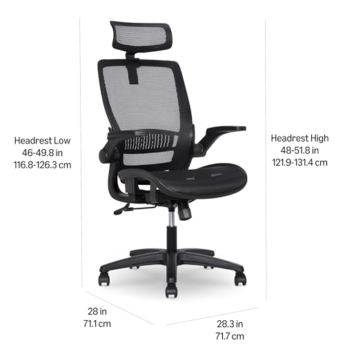 Amazon Basics Ergonomic High-Back Office Chair, Breathable Mesh, 360° Swivel, Easy to Assemble, Comfortable Flip-Up Armrests, 25.5"D x 26.25"W x 49.25"H, Black