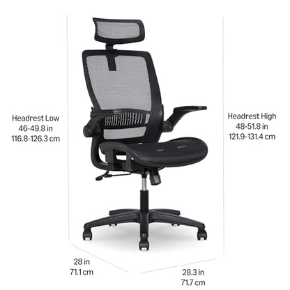 Amazon Basics Ergonomic High-Back Office Chair, Breathable Mesh, 360° Swivel, Easy to Assemble, Comfortable Flip-Up Armrests, 25.5"D x 26.25"W x 49.25"H, Black