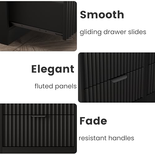 Fluted Nightstand Set of 2, LED Nightstand with Charging Station, Wood Nightstands with 2 Drawers & Metal Handles, Modern Bedside Table & End Tables, Farmhouse Night Stands for Bedroom, Black - color: Black, style: LED 2 Drawers-2 PCS