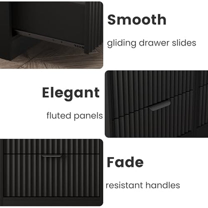 Fluted Nightstand Set of 2, LED Nightstand with Charging Station, Wood Nightstands with 2 Drawers & Metal Handles, Modern Bedside Table & End Tables, Farmhouse Night Stands for Bedroom, Black - color: Black, style: LED 2 Drawers-2 PCS