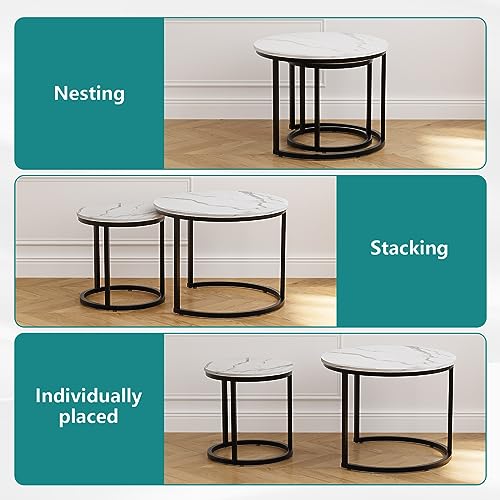 Smuxee White Nesting Coffee Table Set of 2, 23.6" Round Coffee Table Wood Grain Top with Adjustable Non-Slip Feet, Industrial End Table Side Tables for Living Room Bedroom Balcony Yard - color: White-black, size: 23.6"W