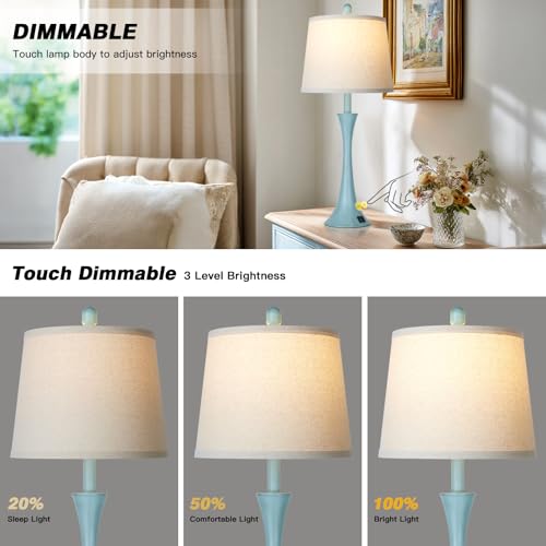 Rinweey Blue Metal Table Lamp Set of 2 with USB C+A Ports, Bedside Lamp, Modern Bedroom Lamps, Coastal Lamp for Night Stands Bedroom Living Room,Nightstand Lamp LED Bulbs Included - color: Blue(2 Pack)