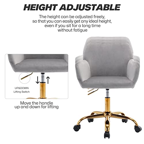 Velvet Makeup Vanity Chair,Home Office Desk Chair with Wheels, Gray | Fluffy Swivel Modern Armchair Upholstered Fuzzy Height Adjustable for Teens Women Girls Elegant for Living Room Bedroom - color: Grey
