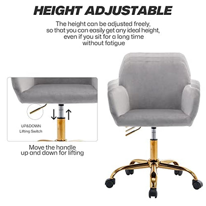 Velvet Makeup Vanity Chair,Home Office Desk Chair with Wheels, Gray | Fluffy Swivel Modern Armchair Upholstered Fuzzy Height Adjustable for Teens Women Girls Elegant for Living Room Bedroom - color: Grey
