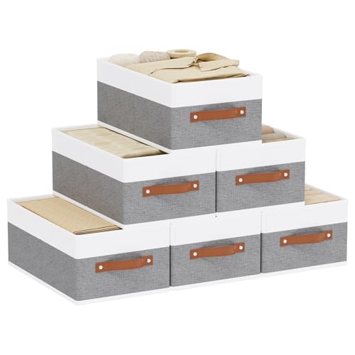 Fabric Storage Boxes,16.1×9.8×6.5In,White/Grey Bins,6Pack | Storage Baskets with Handles,Collapsible Clothing Bins,Fabric Drawers,Closet Organizer for Shelves Wardrobe - color: White/Grey, size: Large -6 Pack