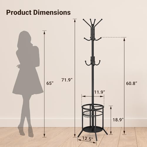 ELYKEN Coat Rack Freestanding, Metal Coat Rack with Umbrella Holder | 12 Hooks, Round Base, Heavy Duty Floor Standing Coat Tree for Entryway, Hallway, Living Room, Bedroom, Office, Black - color: Black