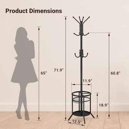 ELYKEN Coat Rack Freestanding, Metal Coat Rack with Umbrella Holder | 12 Hooks, Round Base, Heavy Duty Floor Standing Coat Tree for Entryway, Hallway, Living Room, Bedroom, Office, Black - color: Black