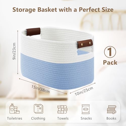 ECDYQXVU 15x10x9 Woven Cotton Rope Storage Basket, Leather Handles 1 Pack | Foldable Design, Sturdy PU Handles, Easy to Clean Organizer for Living Room, Closet, Shelves, Bedroom, Laundry, Clothes - color: White Blue-1 Pack, size: 1 Pack