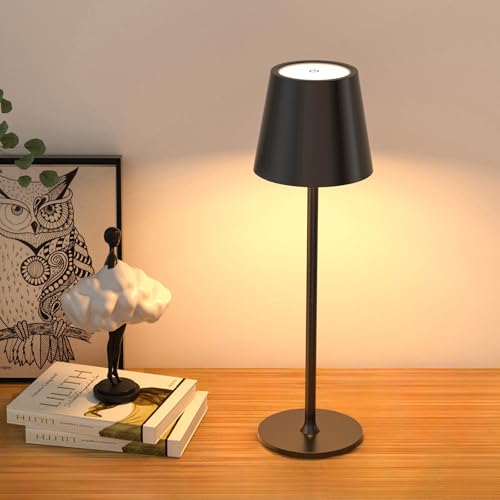 JACKYLED Cordless Table Lamps Rechargeable, 3 Adjustable Height, 5000 Capacity Operated, 3 Colors Smooth Dimming, Portable LED Waterproof Table Lamp for Dining, Bedroom, Outdoor- Black - color: Black, size: 1 Pack-Round Base