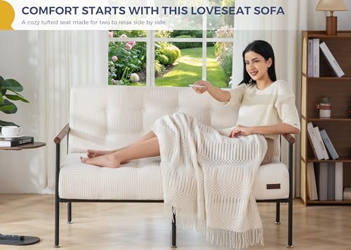 MAXYOYO Loveseat Sofa Chair, Love Seat, Sturdy Metal Frame, Wood Armrests | Button-Tufted Upholstery, Cozy Two-Person Seating for Modern Small Couches in Living Rooms, Bedrooms or Offices, Beige - color: Beige