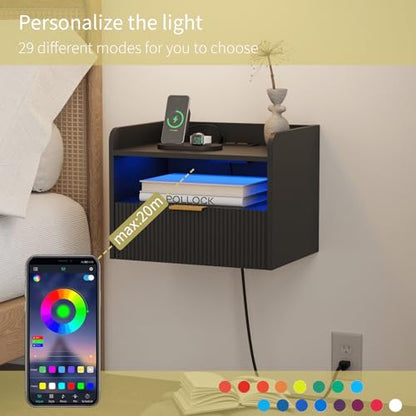 Veegle White Floating Nightstand with Charging Station and LED Lights (Black) - color: Black