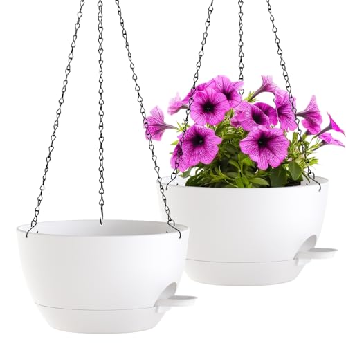 WOUSIWER Self Watering Hanging Planters, 2 Pack 12'' Plastic Pots with Drainage Holes & Reservoir Tray (White) | Indoor & Outdoor Use for Ferns, Ivy, Herbs, Succulents - color: White, size: 2 Pack 12 inches