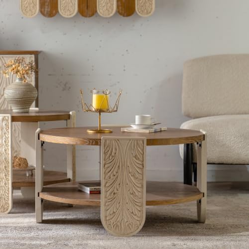 31.89'' Round Coffee Table Wood, Modern Unique Farmhouse Wooden Circle Coffee Table Contemporary Vintage Rustic Center Table Retro End Side Tea Table for Living Room, Office, Apartment, Natural - size: 31.89''D×31.5''W×17.72''H
