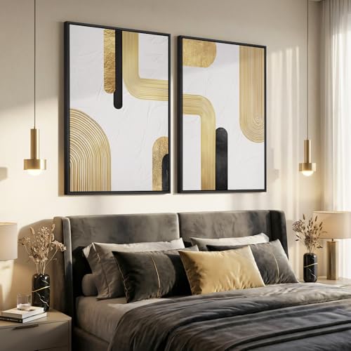 Large Framed Gold Abstract Wall Art Set of 2 for Living Room, Modern Minimalist Luxury Black White Canvas Artwork for Walls, Contemporary Line Painting Print Wall Decor for Bedroom Office, 24x36 Inch - color: White Gold, size: 24" W x 36" H x 2Pcs