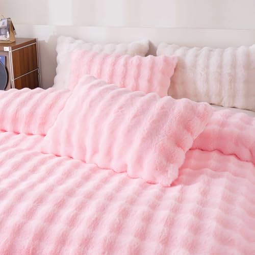 Fluffy Pink Duvet Cover Twin Set, Soft Shaggy Plush Rabbit Bedding Set 2 Pieces (1 Fuzzy Comforter Cover + 1 Faux Fur Pillow Cases) Bed Set, Zipper Closure（Pink, Twin） - color: Pink, size: Twin