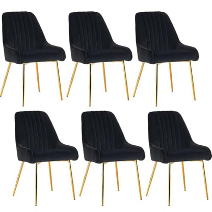 Black Velvet Dining Chairs Set of 6, Modern Kitchen and Vanity Chairs | Modern upholstered vanity chairs with gold metal legs, stain-resistant hand-quilted fabric, high-density foam cushion seat - color: Black, size: Set of 6
