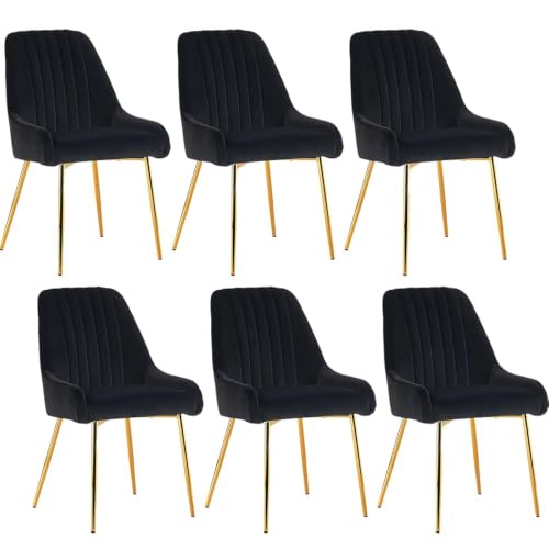 Black Velvet Dining Chairs Set of 6, Modern Kitchen and Vanity Chairs | Modern upholstered vanity chairs with gold metal legs, stain-resistant hand-quilted fabric, high-density foam cushion seat - color: Black, size: Set of 6