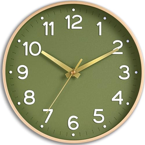 Roymnie 14 Inch Wall Clock Battery Operated Silent Non Ticking Green Analog | Green & gold modern analog; large 3D easy-read dial for kitchen, office, bathroom & bedroom; 1 AA battery (not included) - color: A_olive Gold, size: 14 Inch