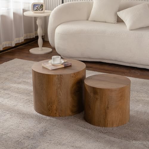 Round Nesting Coffee Table Set of 2 Living Room, No Assembly | Modern Wooden Center Tables, Tea Table for Apartment, Small Circle Accent End Table Set, Brown Wood - color: A-brown Wood