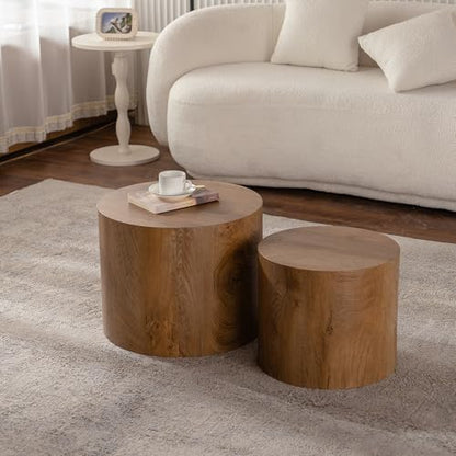 Round Nesting Coffee Table Set of 2 Living Room, No Assembly | Modern Wooden Center Tables, Tea Table for Apartment, Small Circle Accent End Table Set, Brown Wood - color: A-brown Wood