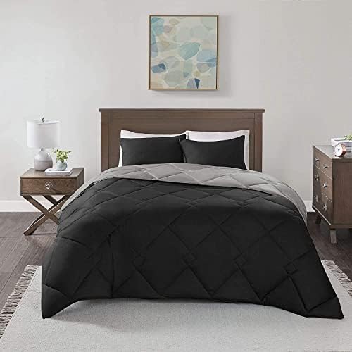 Comfort Spaces Vixie Reversible Comforter Set - Trendy Casual Geometric Quilted Cover, All Season Down Alternative Cozy Bedding, Matching Sham, Black/Gray, Twin/Twin XL 2 piece | Down Alternative, All Season, Bedding for Bedroom, Geometric Pattern, Revers