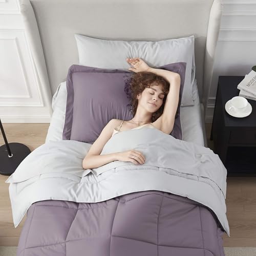 Nestl 5 Piece Twin Comforter Set – Grayish Purple Reversible Bed in a Bag – Complete Twin Size Bedding Set with Sheets, Pillowcase and Sham - color: Grayish Purple, size: Twin
