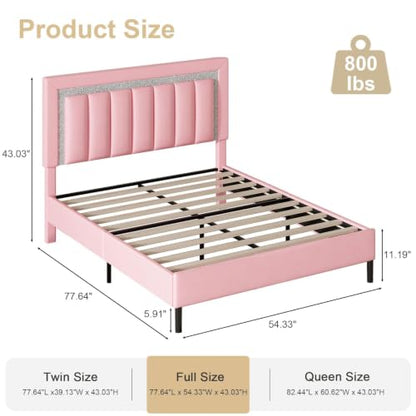 HOMBCK Full Bed Frame with Headboard, Faux Leather Upholstered Bed with Wooden Slats Support, Full Size Bed Frame with Diamond Vertical Stripe Design, Mattress Foundation, No Box Spring Needed, Pink - color: Pink, size: Full
