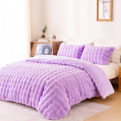 Fluffy Lavender Duvet Cover Full Set, Soft Shaggy Plush Rabbit Bedding Set 3 Pieces (1 Fuzzy Comforter Cover + 2 Faux Fur Pillow Cases)（Lavender, Full） - color: Lavender, size: Full