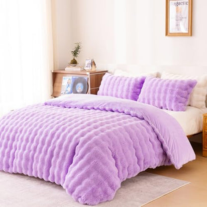Fluffy Lavender Duvet Cover Twin Set, Soft Shaggy Plush Rabbit Bedding Set 2 Pieces (1 Fuzzy Comforter Cover + 1 Faux Fur Pillow Cases)（Lavender, Twin） - color: Lavender, size: Twin