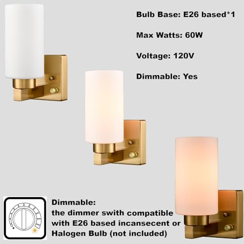 DEYNITE Modern Plug in & Hardwired Wall Sconce Brass Bathroom Vanity Light | Set of 2 Wall Mounted Light with milky white glass shade rotary on/off dimmable switch for bathroom bedroom
