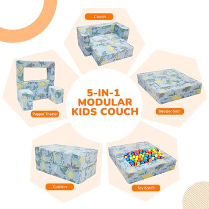 MeMoreCool Glow in Dark Dinosaur Kids Couch, Fold Out Loveseat Sofa | Glow in dark dinosaur kids loveseat folds out to mini sofa - color: Blue Dinosaur