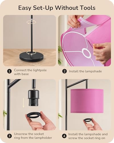 EDISHINE Pink Modern Floor Lamps for Living Room, 64.7" Arc Standing Lamp | 3CCT LED Bulb Included, Adjustable Linen Shade, Foot Switch, Tall Light for Office, Bedroom, Living Room - color: Pink Shade