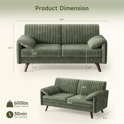 64.5" Loveseat Sofa, Chenille Loveseat Couch for Living Room, Green | 23.2" Deep Seat Love seat with Padded Arms, Comfy Modern Small Couches for Bedroom, Small Spaces, Dorms, Office, Apartment - color: Green