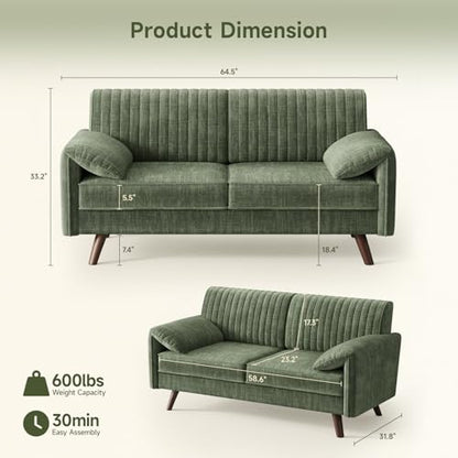 64.5" Loveseat Sofa, Chenille Loveseat Couch for Living Room, Green | 23.2" Deep Seat Love seat with Padded Arms, Comfy Modern Small Couches for Bedroom, Small Spaces, Dorms, Office, Apartment - color: Green
